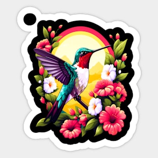 Cute Ruby Throated Hummingbird Surrounded by Spring Flowers Sticker